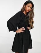 Violet Romance Puff Sleeve Tiered Mini Dress In Black-multi