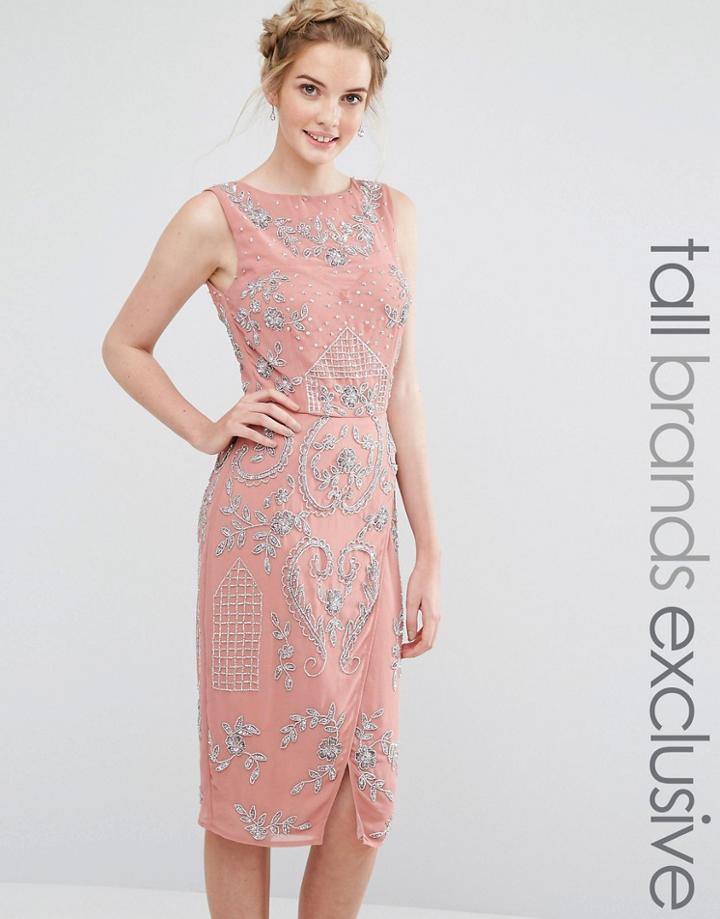 Maya Tall All Over Embellished Midi Dress With Wrap Detail Skirt - Pink