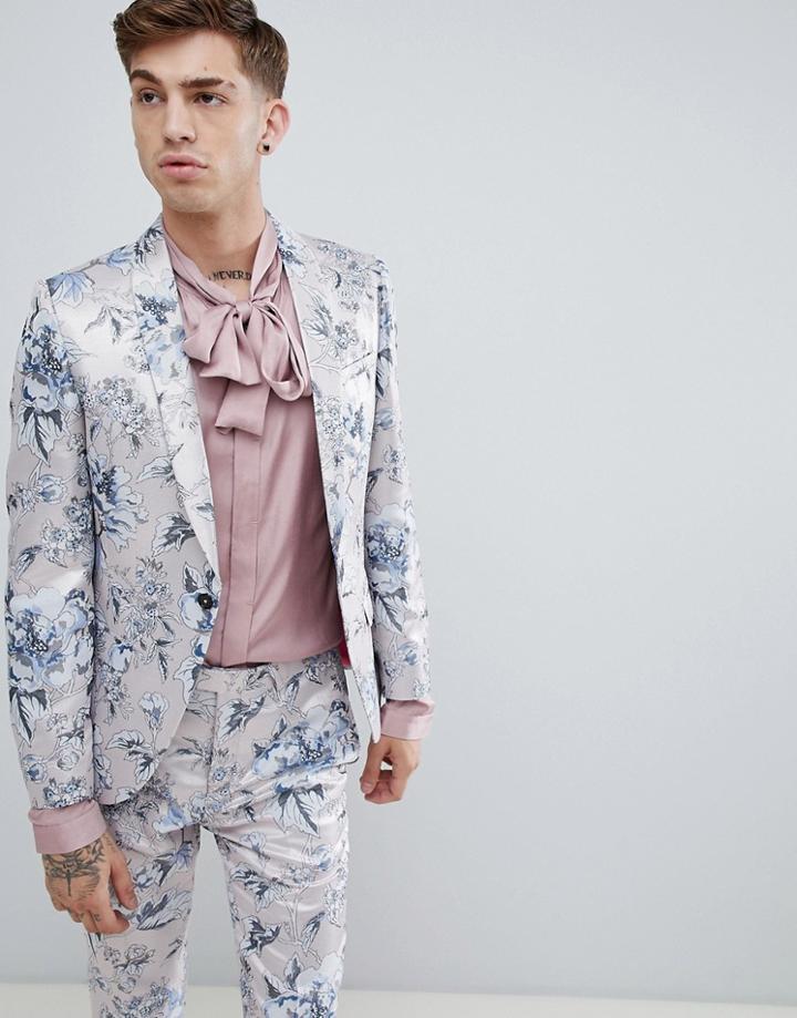 Twisted Tailor Super Skinny Suit Jacket In Pink Metallic Floral Print - Pink