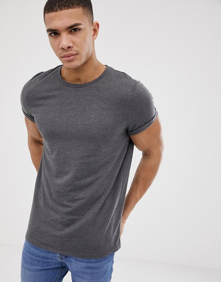Asos Design T-shirt With Crew Neck With Roll Sleeve In Charcoal Marl - Gray
