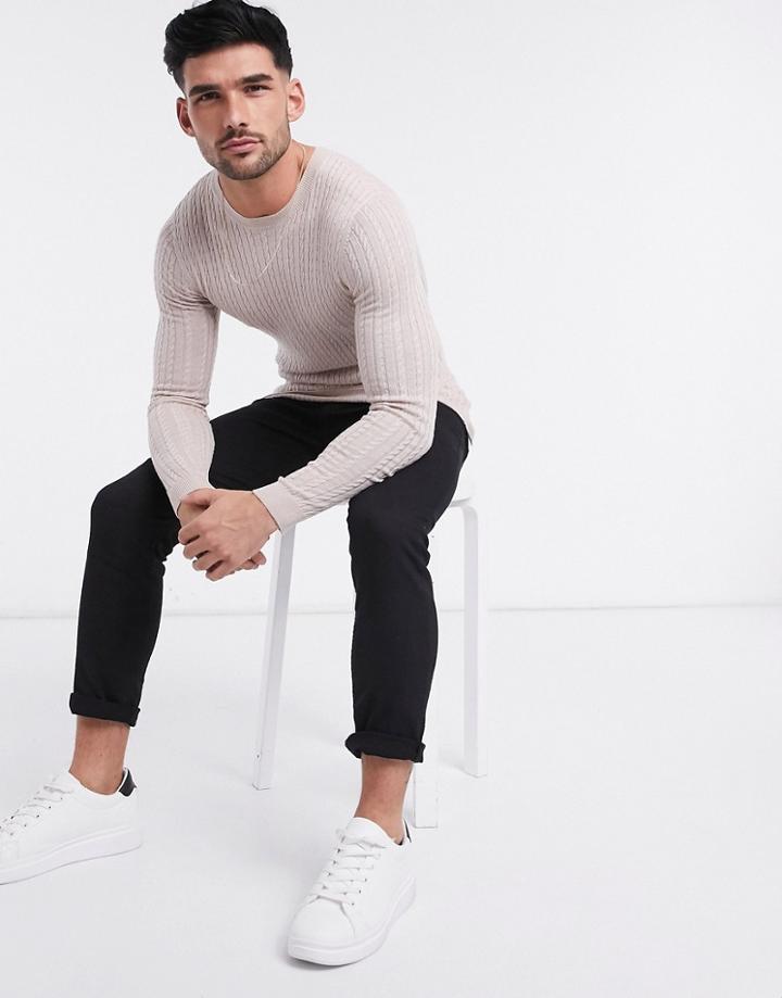Asos Design Muscle Fit Merino Wool Cable Knit Crew Neck Sweater In Oatmeal Marl-neutral