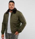 Schott Plus Air Bomber Jacket Detachable Faux Fur Collar Slim Fit In Green/brown - Green