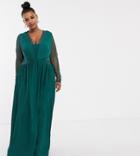 Asos Design Curve Lace And Pleat Long Sleeve Maxi Dress