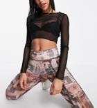 Asyou Mesh Seam Detail Legging Set In Newspaper Print-multi