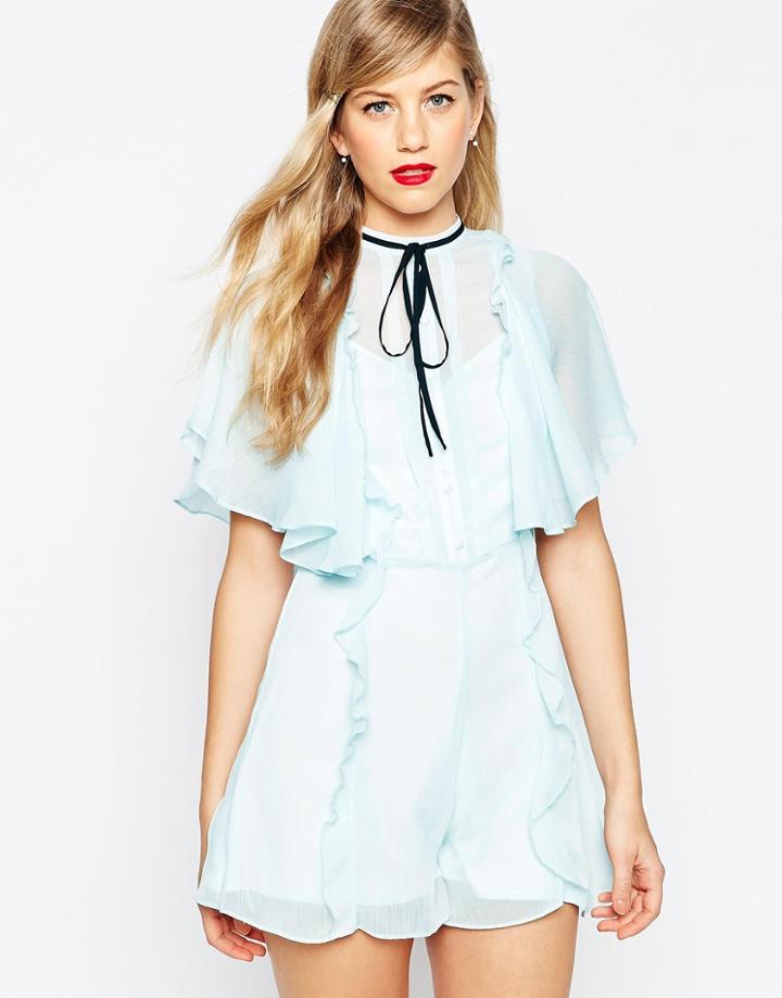 Asos Pussy Bow Ruffle Romper - Light Blue