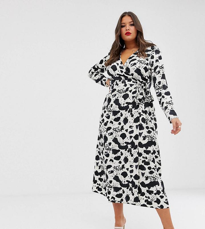 Asos Design Curve Wrap Maxi Dress In Mono Splodge Print - Multi