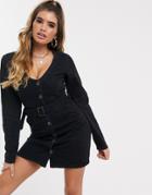 Missguided Denim Plunge Dress With Self Belt In Black