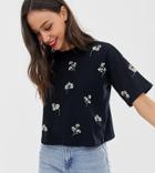 Asos Design Tall Boxy T-shirt With All Over Ditsy Embroidery - Black