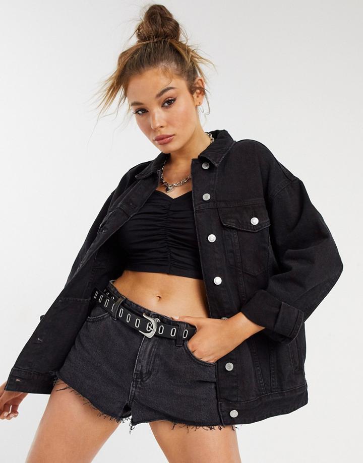 Bershka Organic Cotton Oversized Denim Jacket In Black