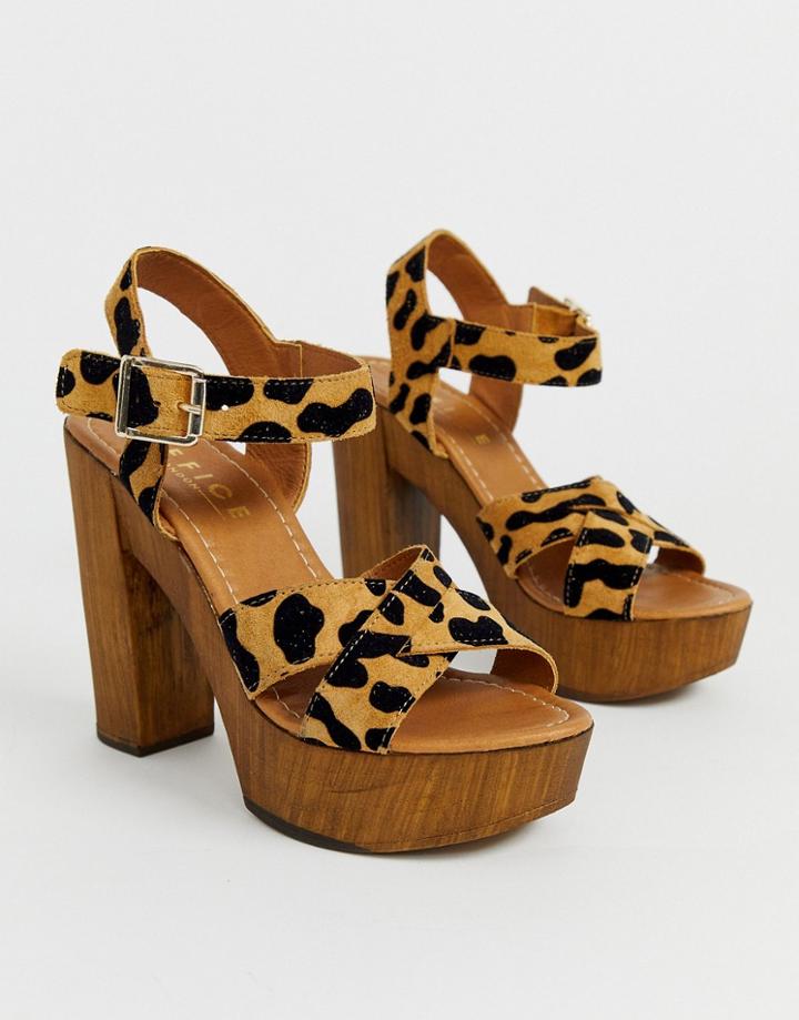 Office Hawaiian Leopard Pony Wooden Platform Heeled Sandals - Beige