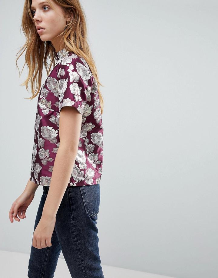 Vila Metallic Jacquard Shell Top - Brown