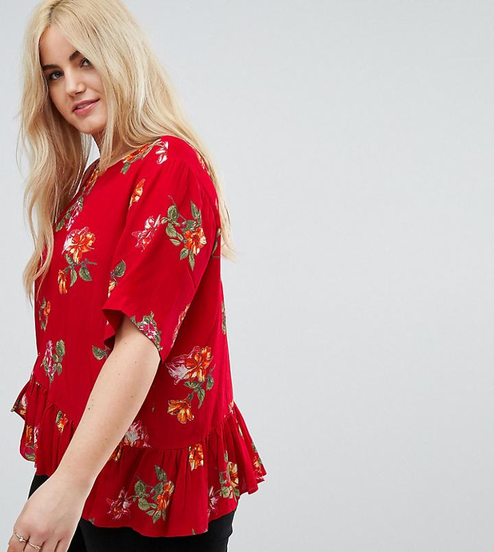 Asos Curve Tee With Asymmetric Ruffle Hem In Red Floral - Multi