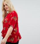 Asos Curve Tee With Asymmetric Ruffle Hem In Red Floral - Multi