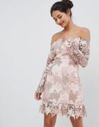 Elliatt Bardot Tonal Lace Mini Dress - Pink