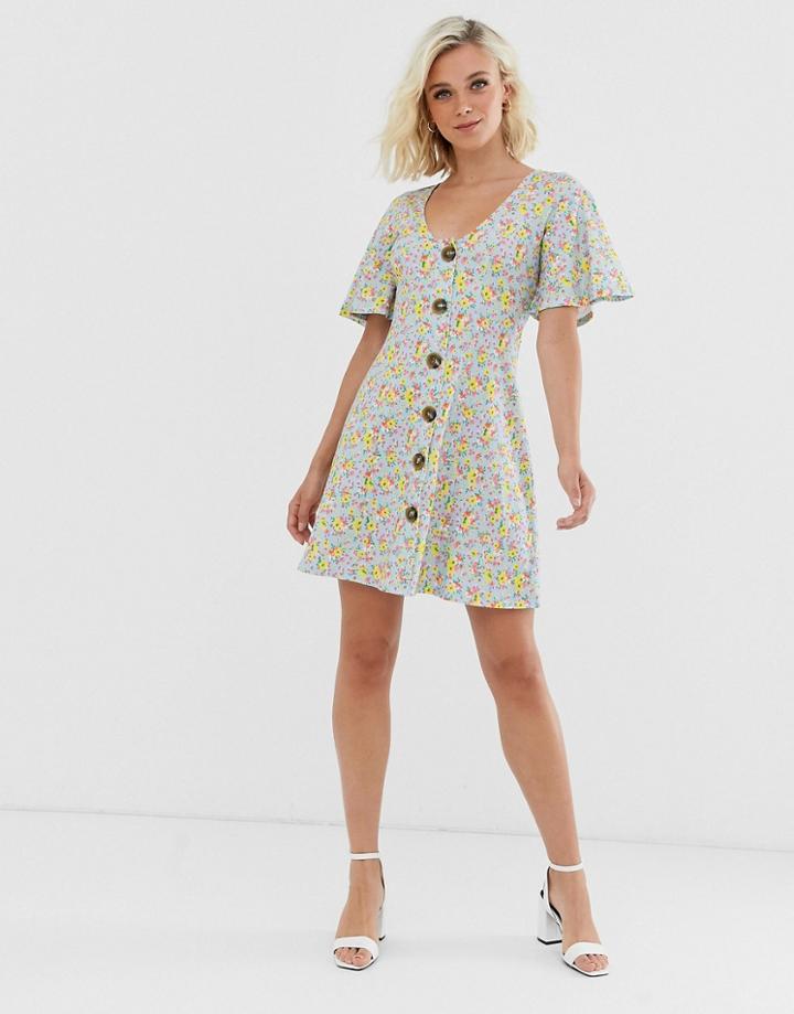 Asos Design Button Through Tea Dress In Ditsy Print-multi