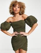 Rare London Gathered Mesh Mini Dress With Puff Sleeves In Khaki-green