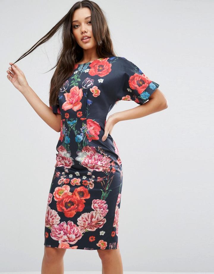 Asos Wiggle Dress In Placement Floral - Multi
