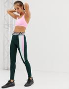 Puma Training Pink And Green Color Block Leggings With Taped Waistband - Green