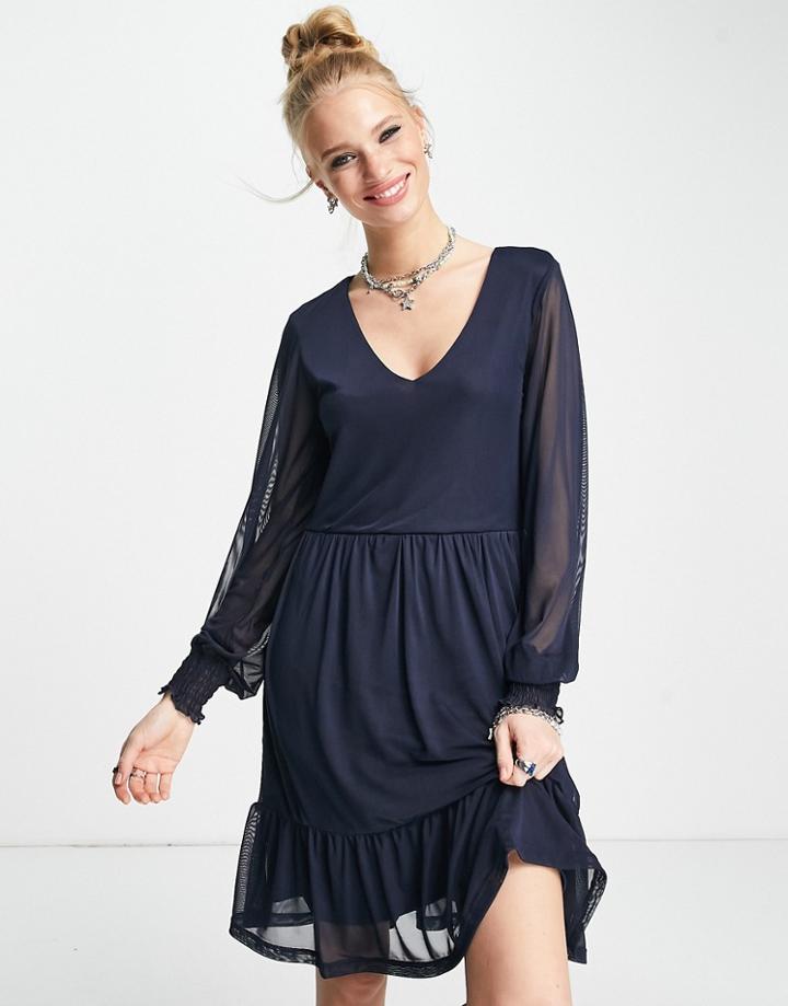 Vila Long Sleeve V Neck Dress In Blue Print-navy