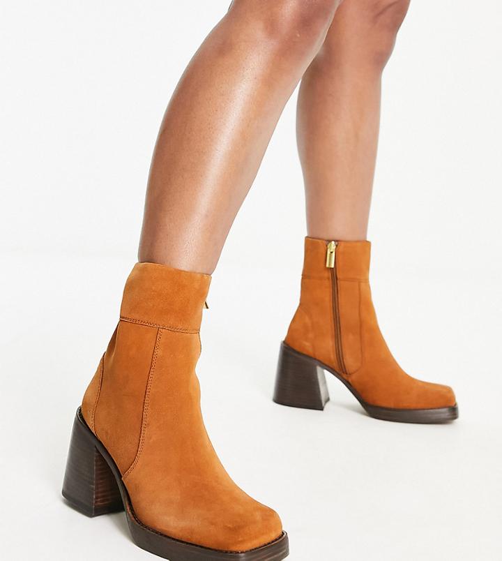 Asos Design Wide Fit Region Suede Mid-heel Boots In Tan-brown