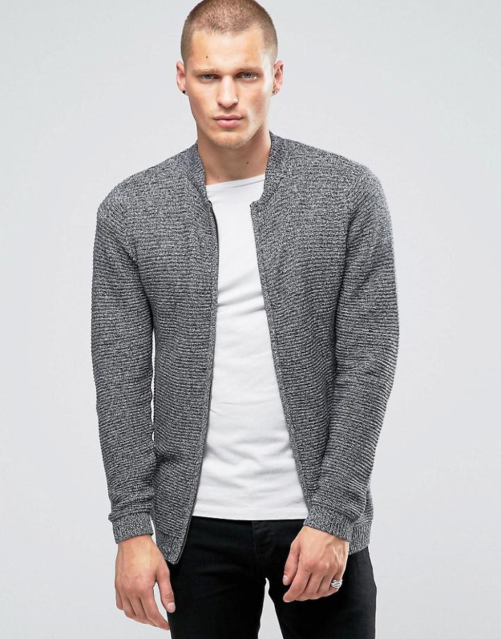 Jack & Jones Ribbed Zip Through Knitted Cardigan - Gray