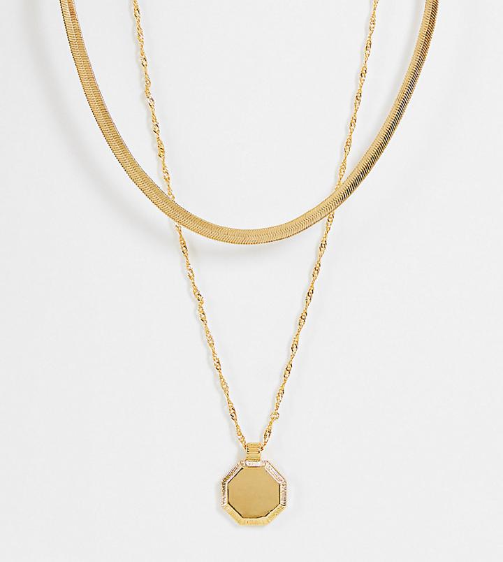 Asos Design Curve 14k Gold Plated Multirow Necklace With Etched Coin Pendant