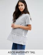 Asos Maternity Tall Tee With Woven Stripe Frill Hem - Gray