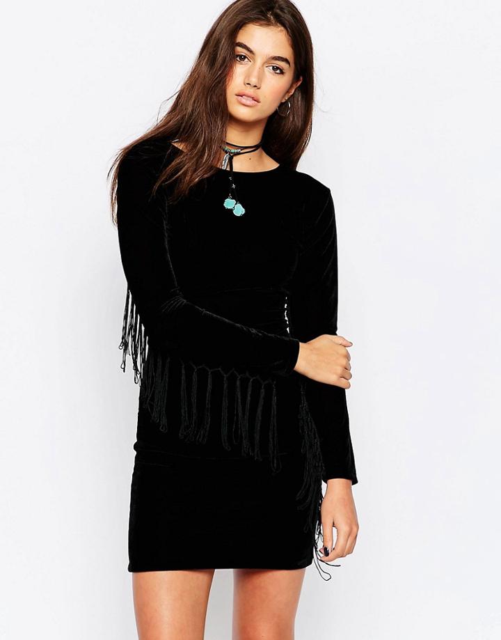 Motel Wilona Velvet Underground Dress With Fringed Sleeves - Black
