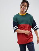 Asos Design Oversized Longline T-shirt With Half Sleeve With Retro Color Block In Burgundy - Red