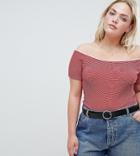 Asos Design Curve Off Shoulder Top In Textured Stripe With Lace Trim - Red