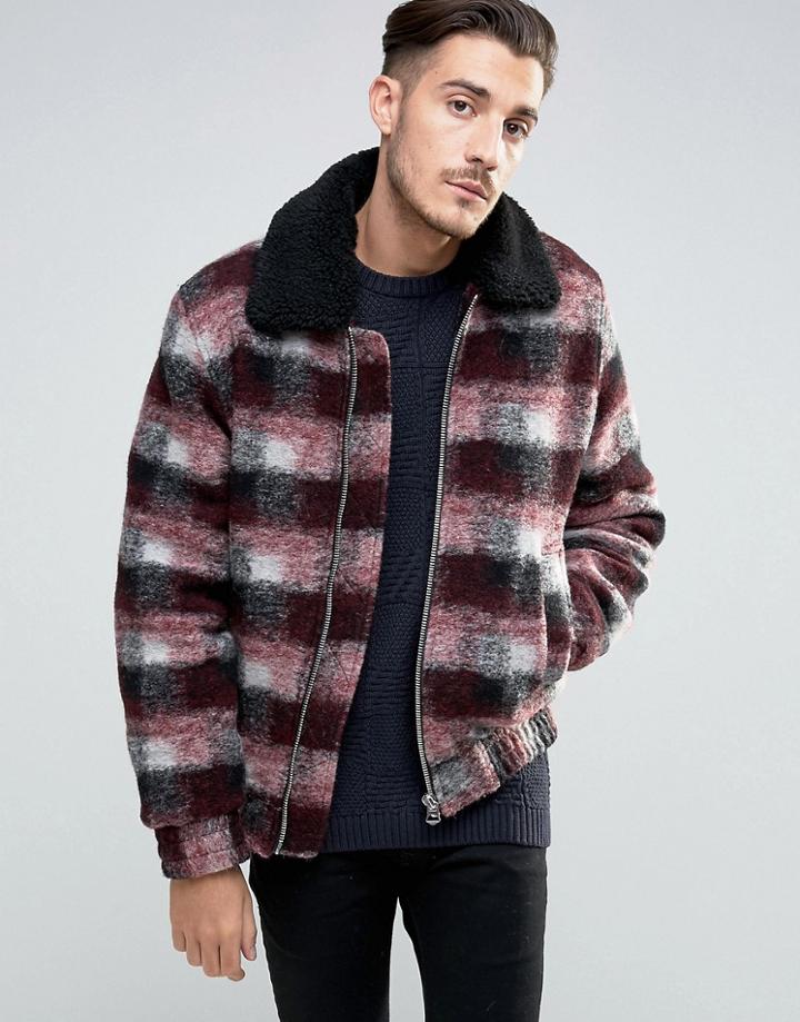 Asos Checked Bomber With Fleece Collar In Red - Red