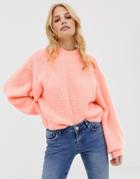 Asos Design Chunky Sweater With Stitch Detail And Balloon Sleeve-pink