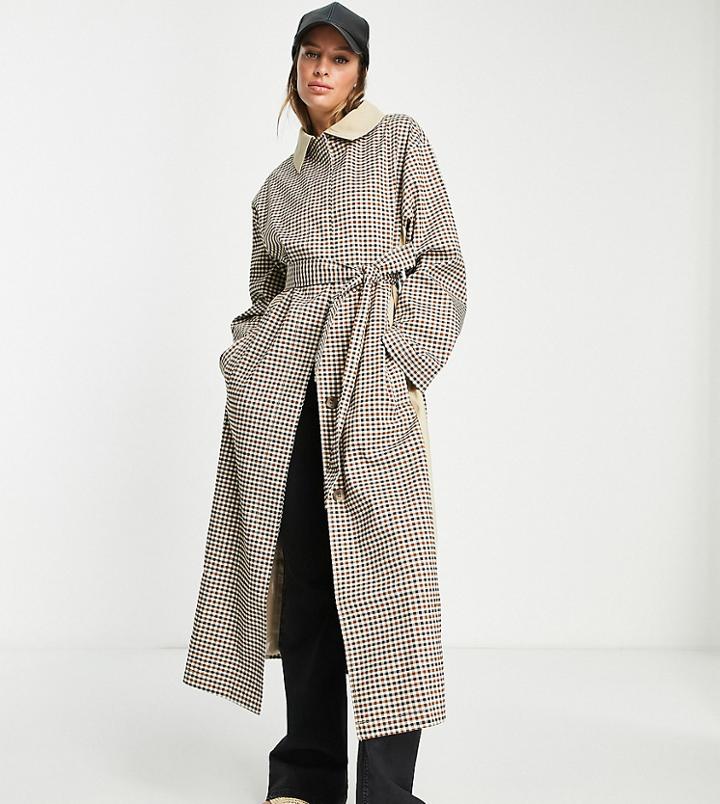 Asos Design Tall Check Trench Coat In Stone-multi