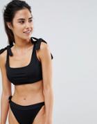 Prettylittlething Square Neck Tie Detail Bikini Top - Black