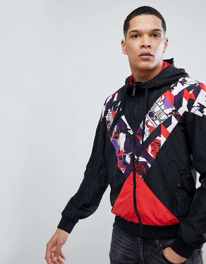 Versace Jeans Windbreaker Jacket In Black With Print Panel - Black