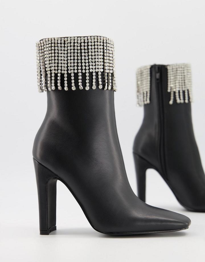 Asos Design Elemental High Heeled Boots With Diamante Trim-black