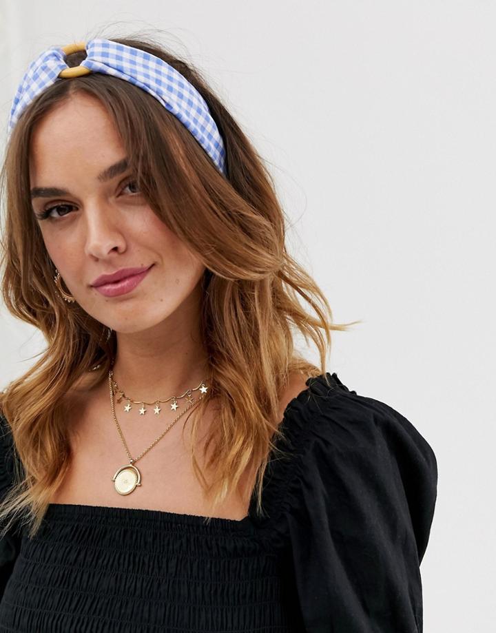 Asos Design Headband With Wooden Circle Detail In Gingham Print-blue