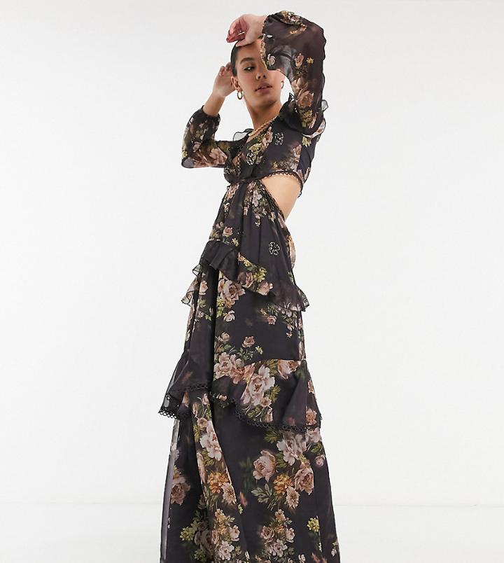 Asos Design Tall Maxi Dress With Long Sleeve And Circle Trim In Floral Print And Embellishment In Brown-multi