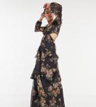 Asos Design Tall Maxi Dress With Long Sleeve And Circle Trim In Floral Print And Embellishment In Brown-multi