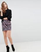Asos Denim Mini Skirt In Pink Zebra Print - Pink