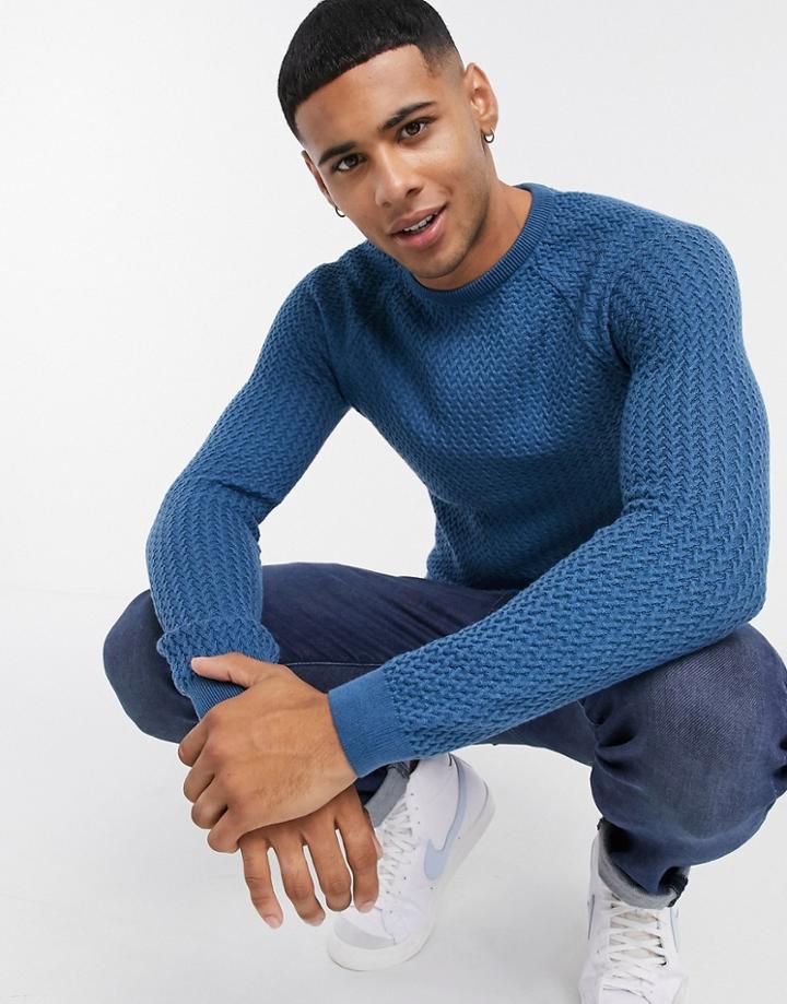 Asos Design Muscle Fit Basket Stitch Crew Neck Sweater In Blue