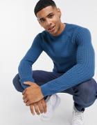 Asos Design Muscle Fit Basket Stitch Crew Neck Sweater In Blue