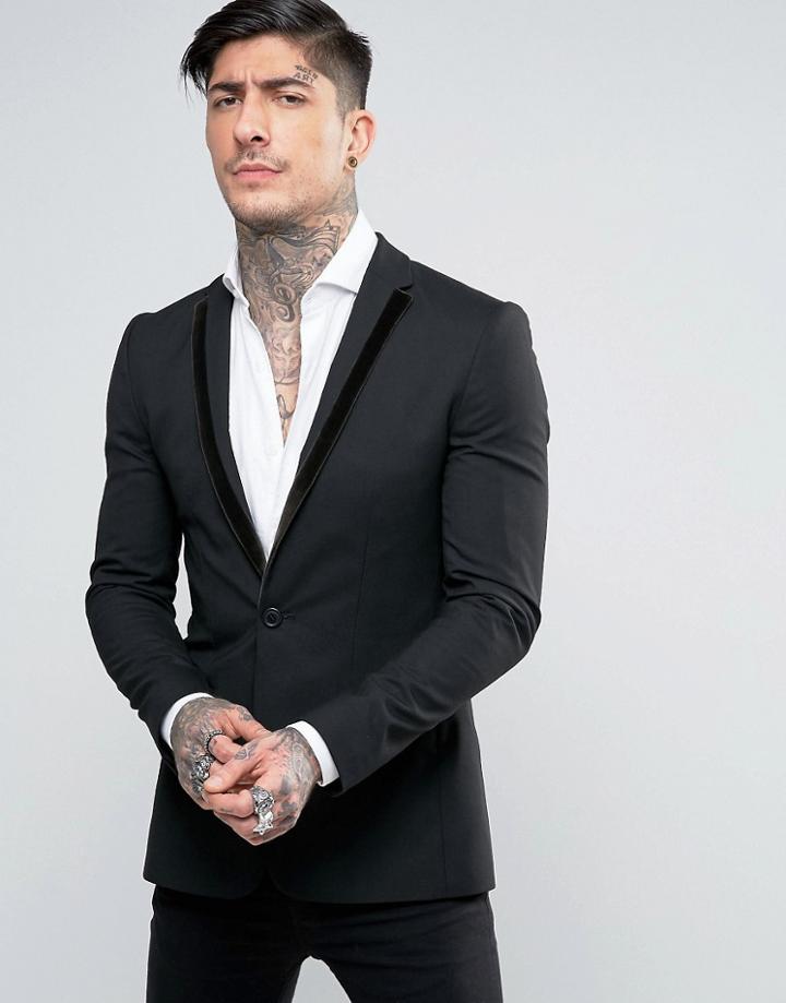 Religion Super Skinny Suit Jacket With Velvet Tipped Lapel - Black