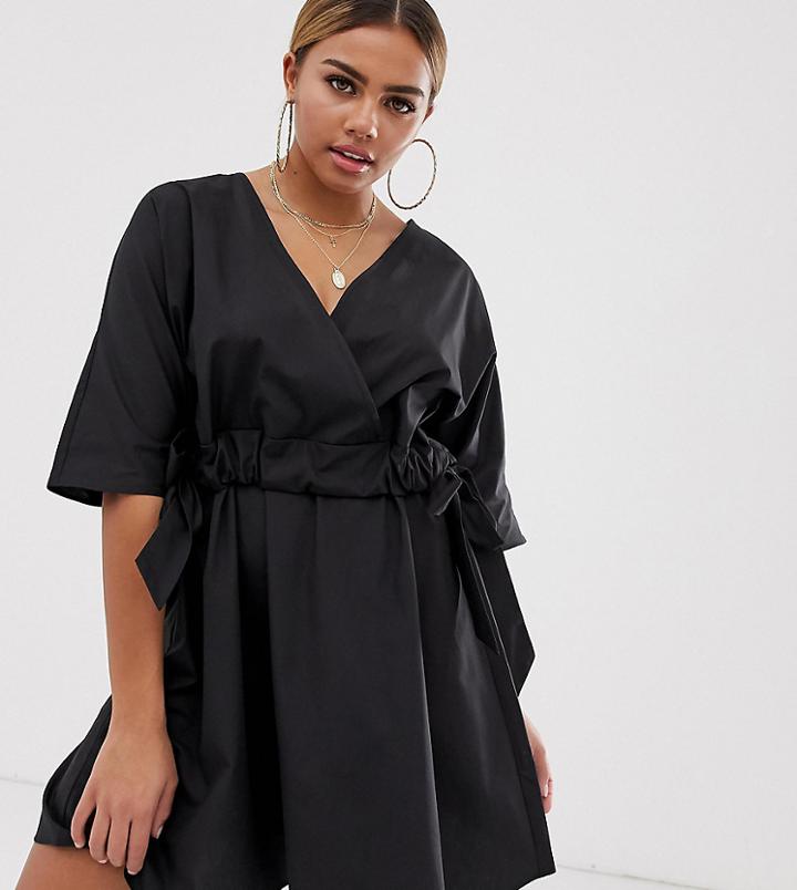 Asos Design Petite V Front V Back Ruched Waist Mini Smock Dress - Black