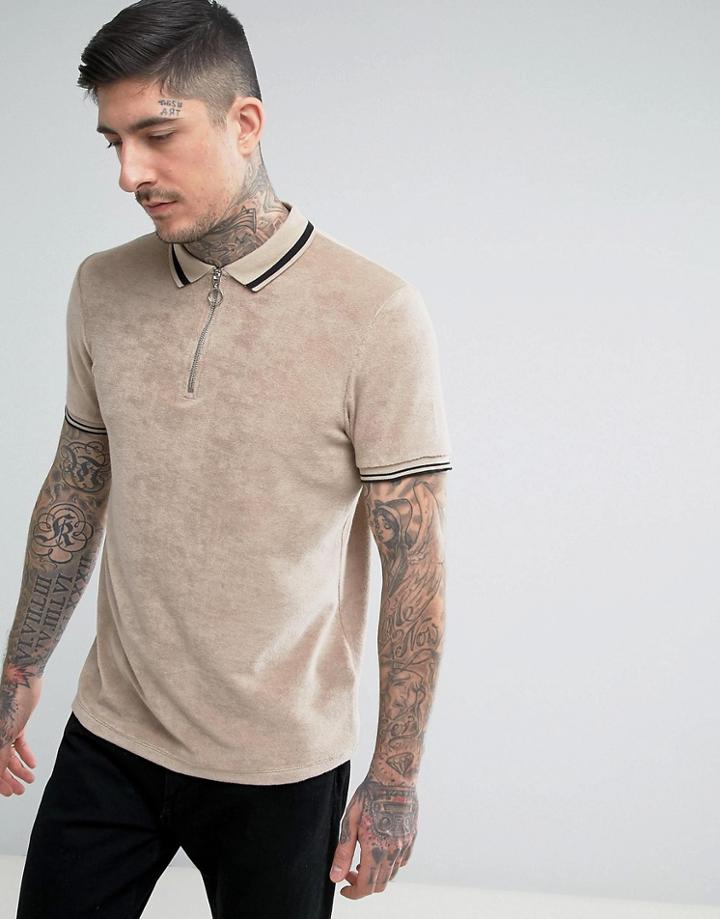 Asos Polo Shirt In Towelling With Zip Neck And Tipping In Beige - Beige