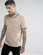 Asos Polo Shirt In Towelling With Zip Neck And Tipping In Beige - Beige