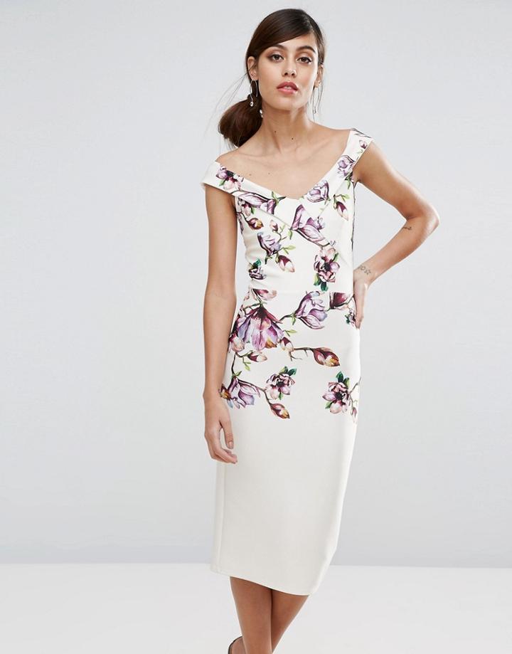 True Violet Bardot Midi Pencil Dress In Floral Print - Multi