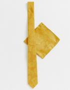 Asos Design Slim Paisley Jacquard Mustard Tie & Pocket Square-yellow