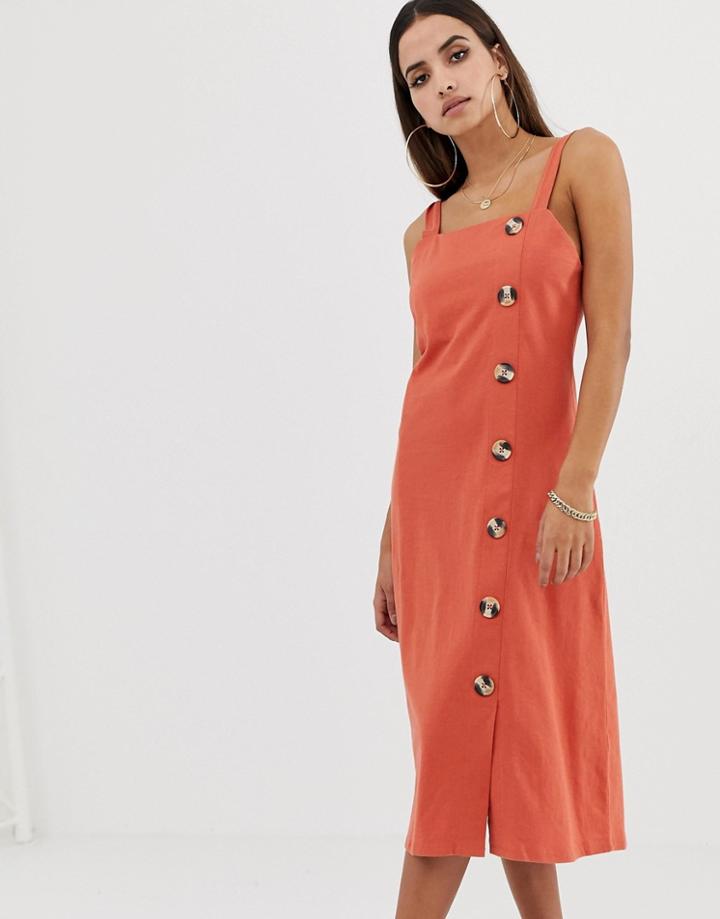 Asos Design Midi Jumper Dress With Large Button Detail - Orange