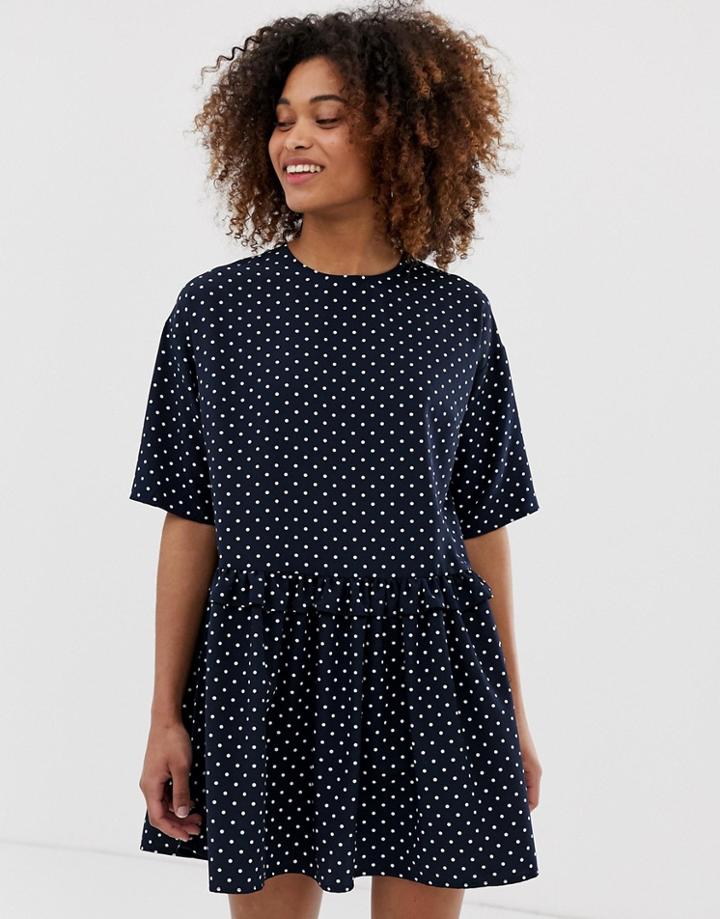 Asos Design Mini Smock Dress With Frill Waist In Polka Dot-multi